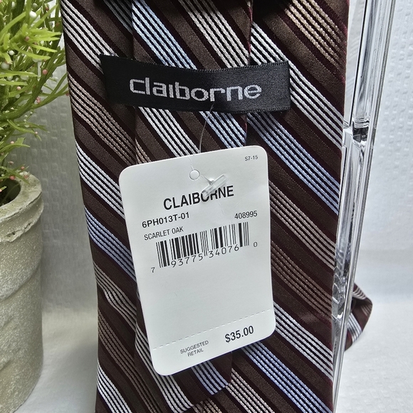 Claiborne 100% Imported Silk Brown Blue Cream Diagonal Striped Tie Vintage Nwt - Picture 4 of 6